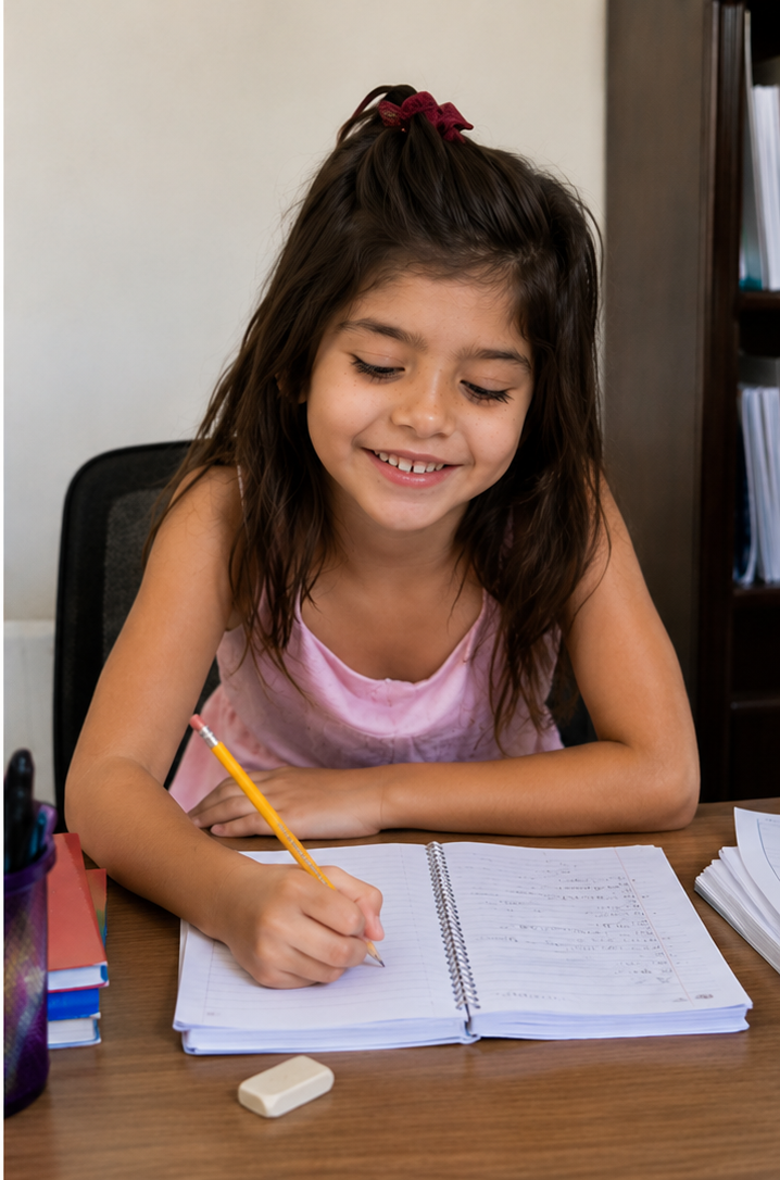 Anabela smiling and writing after brain training
