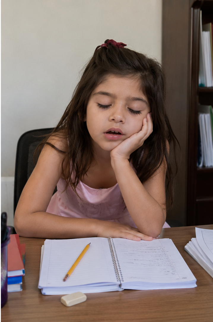 Anabela tired at her desk before brain training