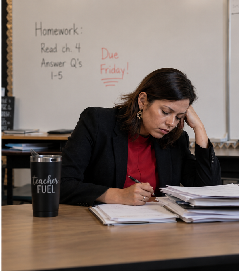 Flora tired at a classroom desk before brain training