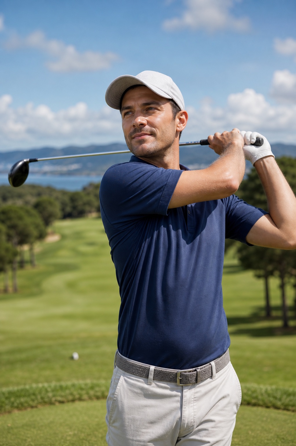Fictional golfer calm and confident after a clean swing