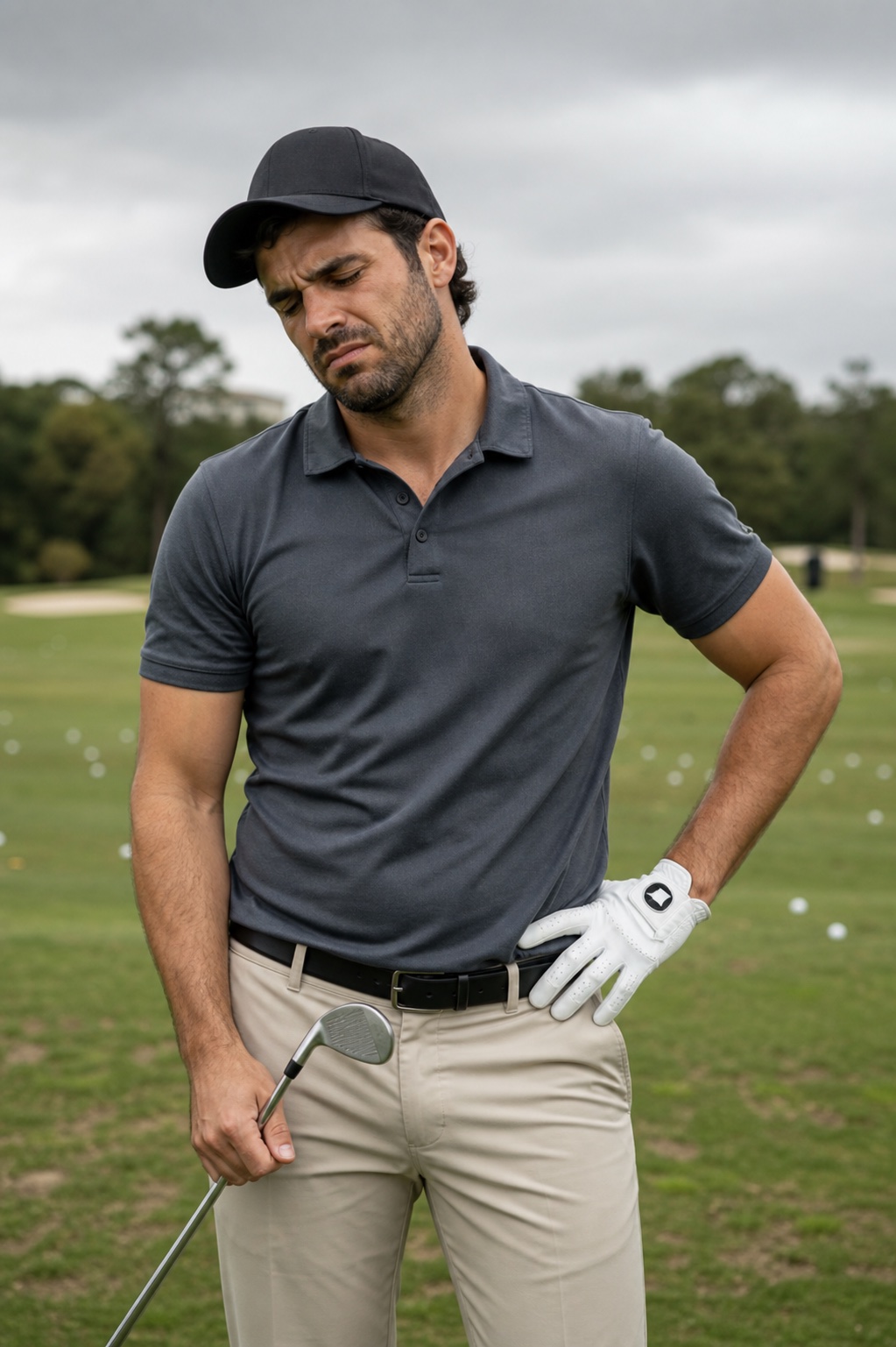 Fictional golfer feeling tense after a difficult swing before brain training