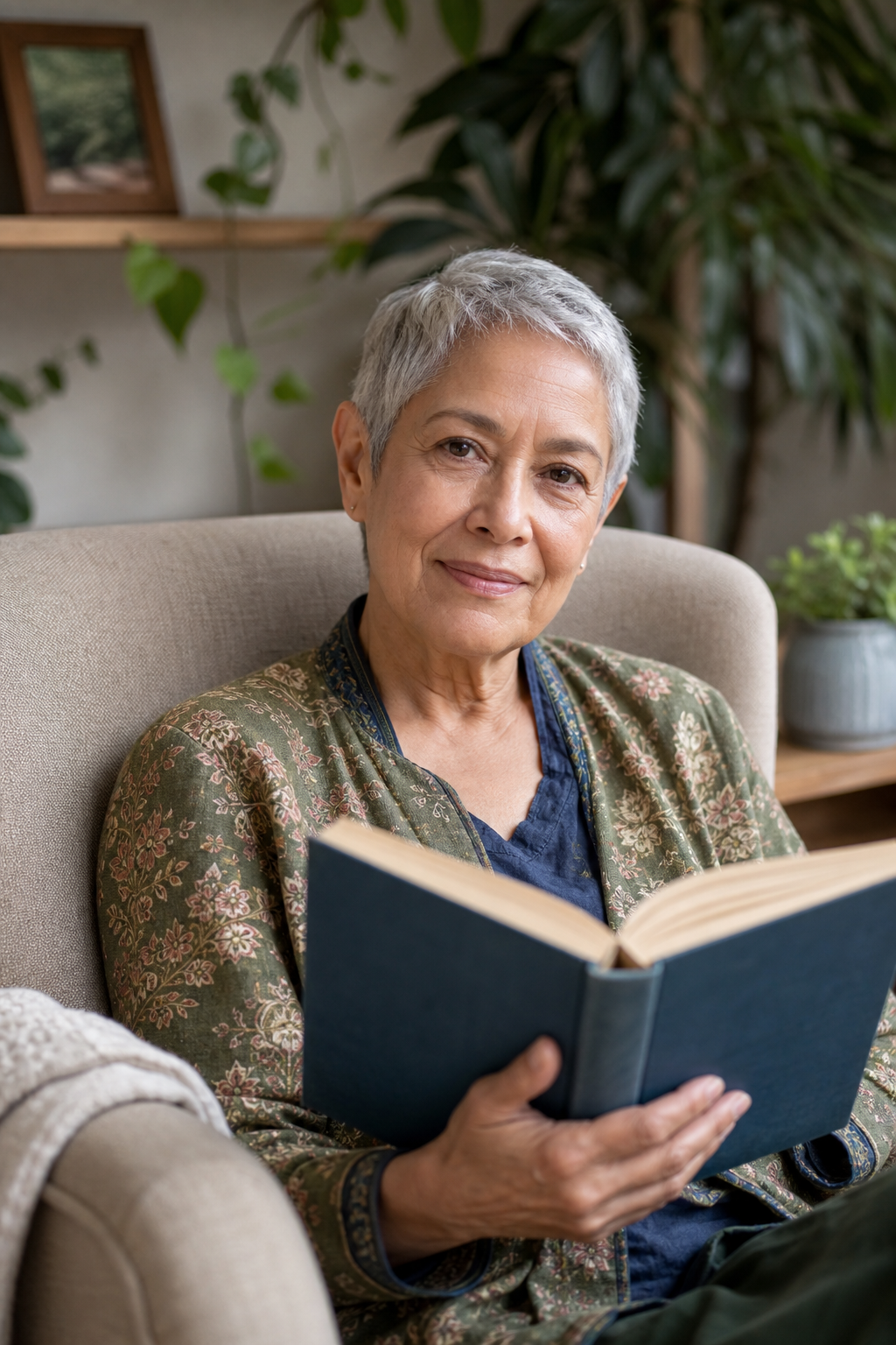 Older adult reading with calm focus after brain training