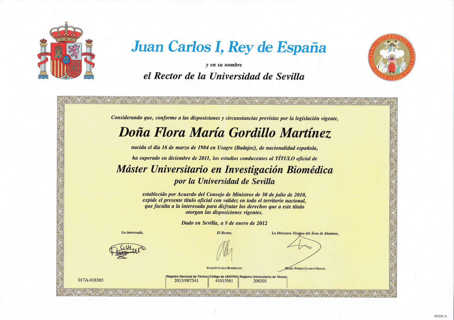 Máster Universitario en Investigación Biomédica — Universidad de Sevilla (2012)