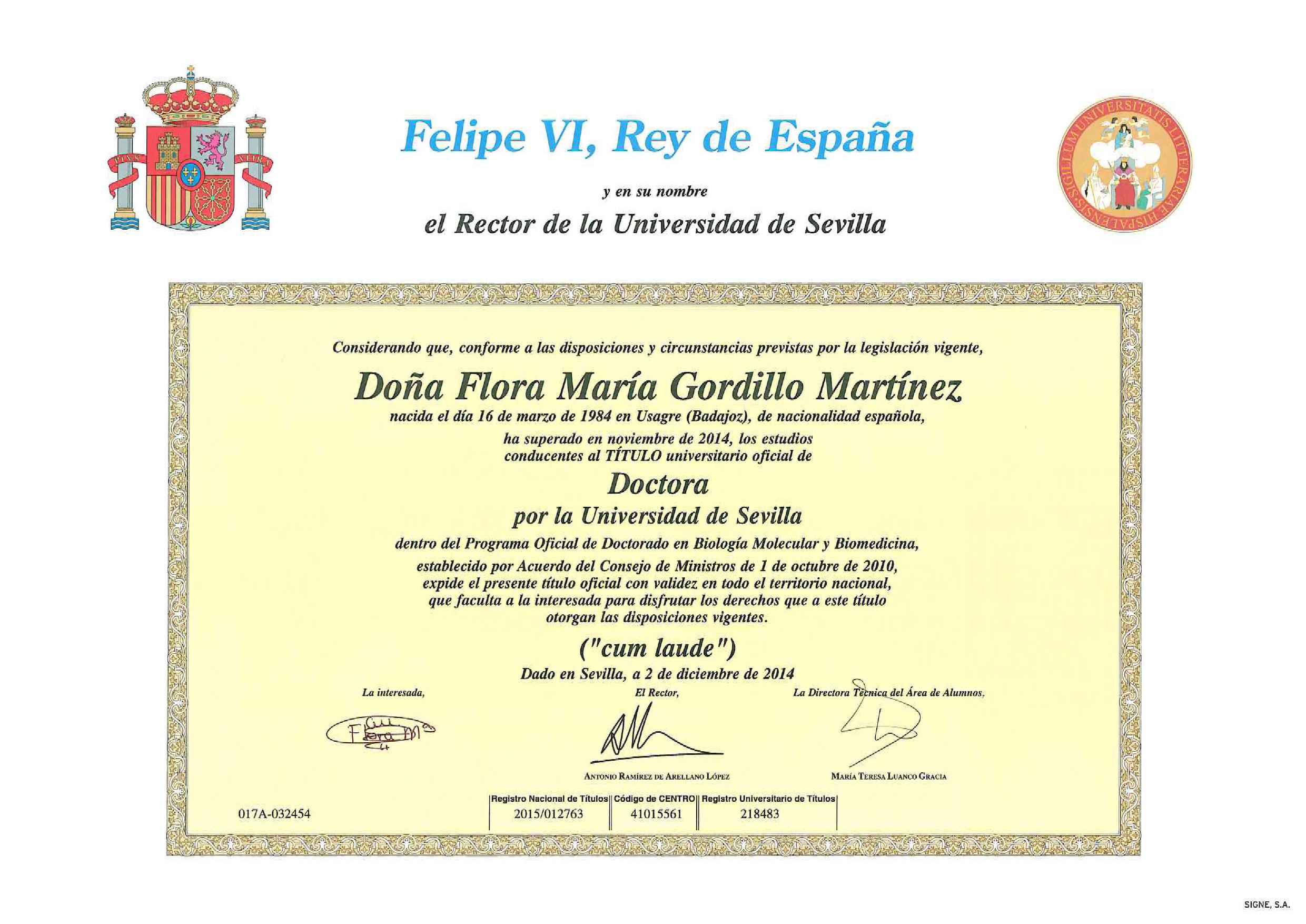 Doctora (PhD, cum laude) — Universidad de Sevilla (2014)